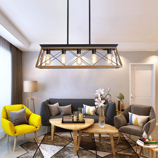 Farmhouse dining room chandelier with black metal and wood accents five Edison bulbs