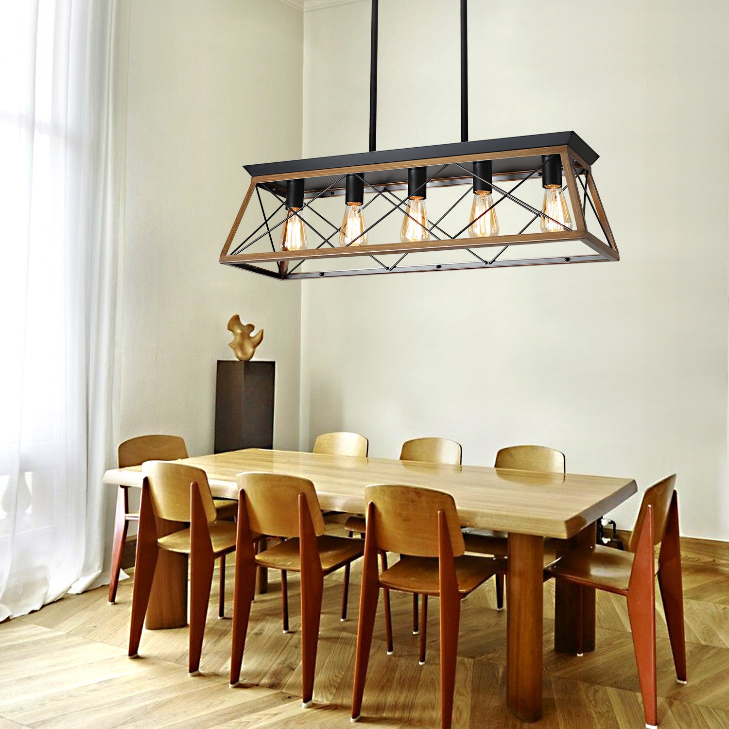 Rectangular dining chandelier with black metal and natural wood frame five exposed bulbs perfect for farmhouse style dining room