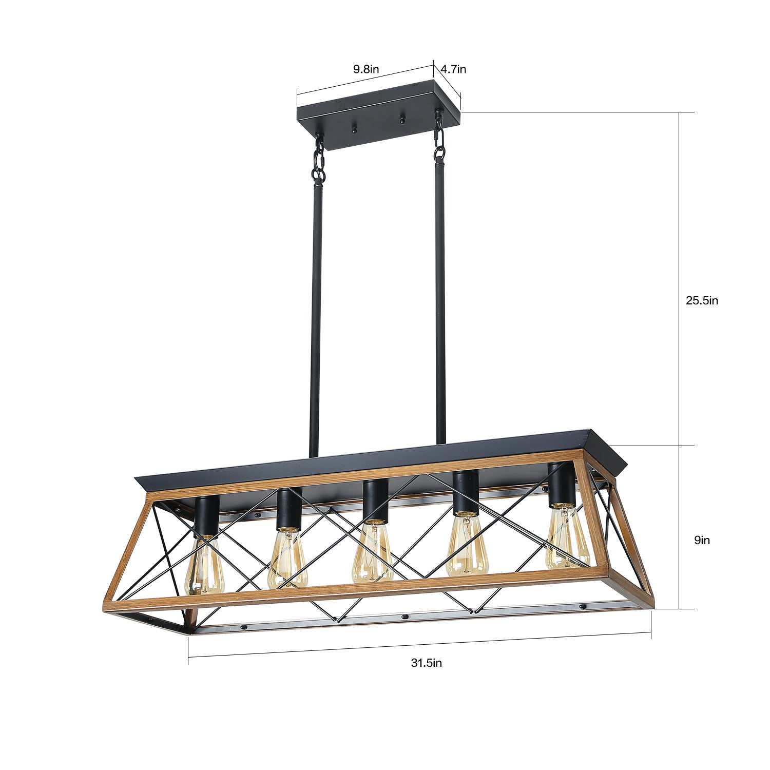 Farmhouse linear chandelier with black metal and wood accents five Edison bulbs