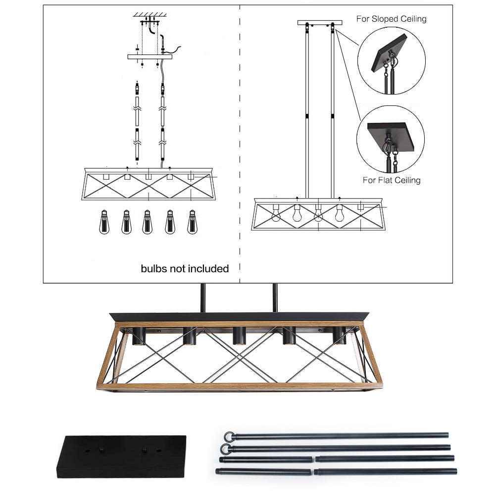 Farmhouse chandelier with wood frame black metal accents and cross design