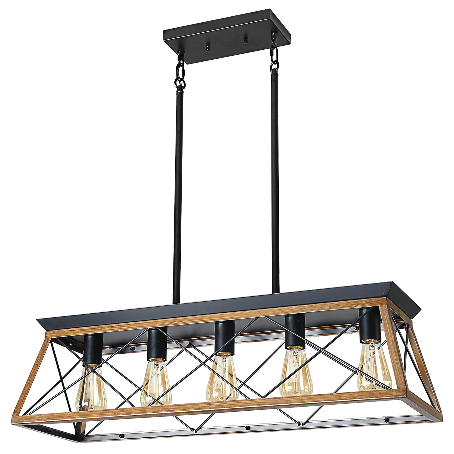 Rectangular linear chandelier with five Edison bulbs wood and black metal frame rustic design