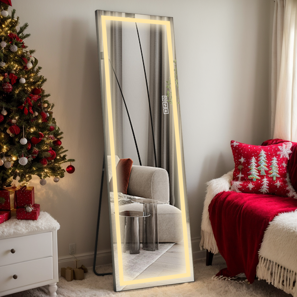Fulllength LED floor mirror with adjustable brightness and touch controls
