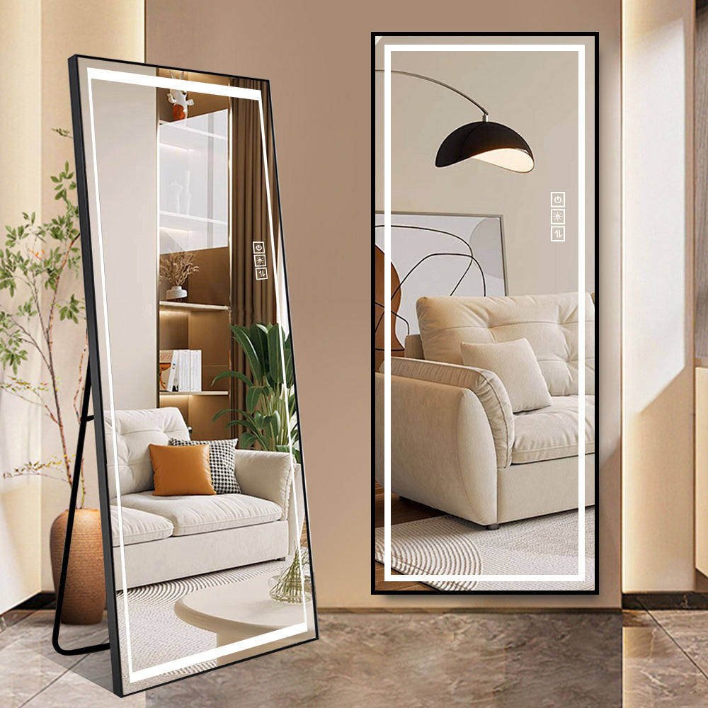 Tall fulllength mirror with integrated LED lighting and a black frame