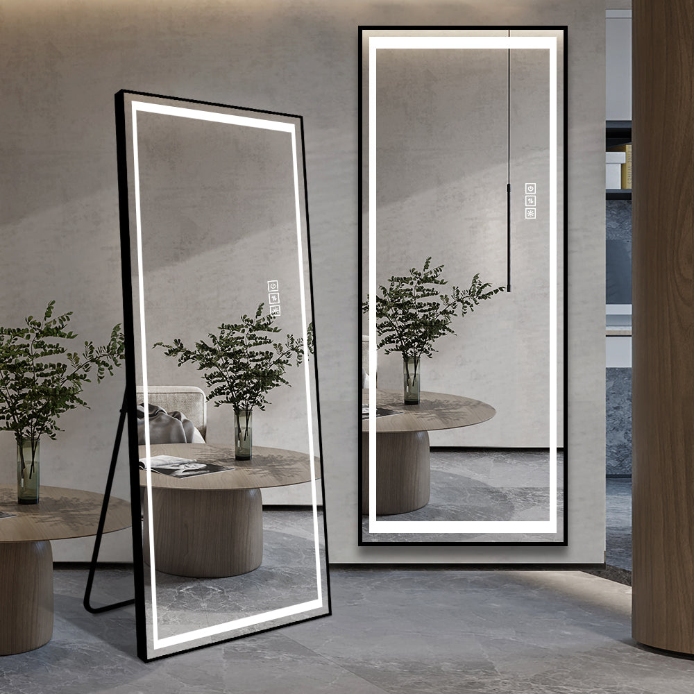 Fulllength LED makeup mirror with a sleek black frame and adjustable stand perfect for dressing areas