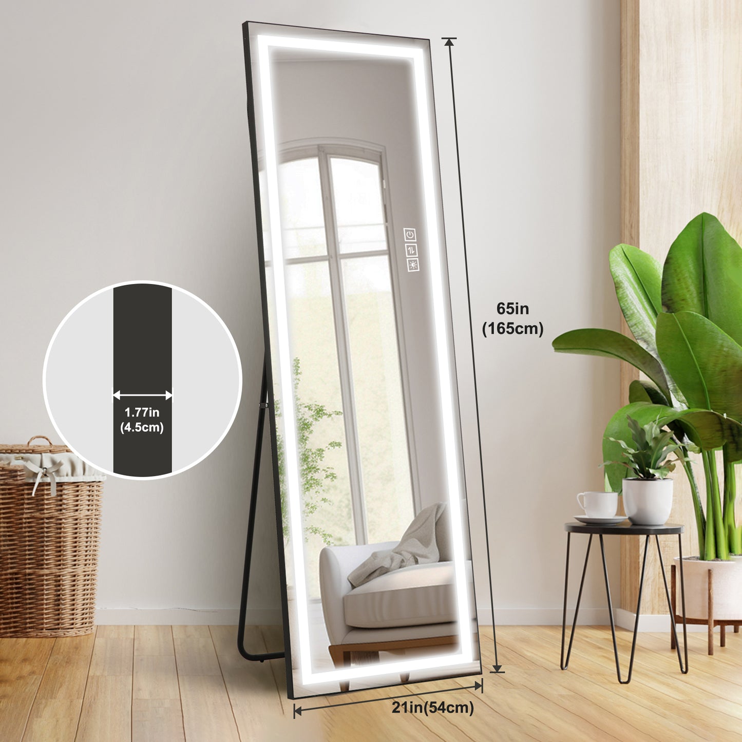 Tall LED floor mirror with adjustable brightness and touch controls Dimensions  x  inches