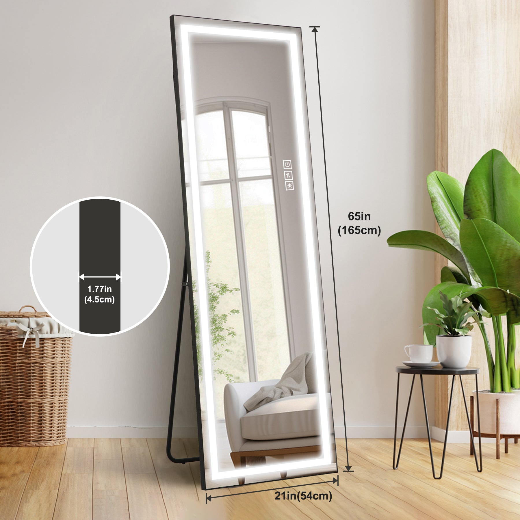 Tall LED floor mirror with adjustable brightness and touch controls Dimensions  x  inches