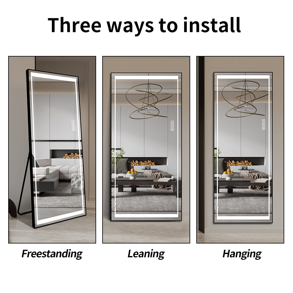 Tall LED floor mirror freestanding in a modern living room setting