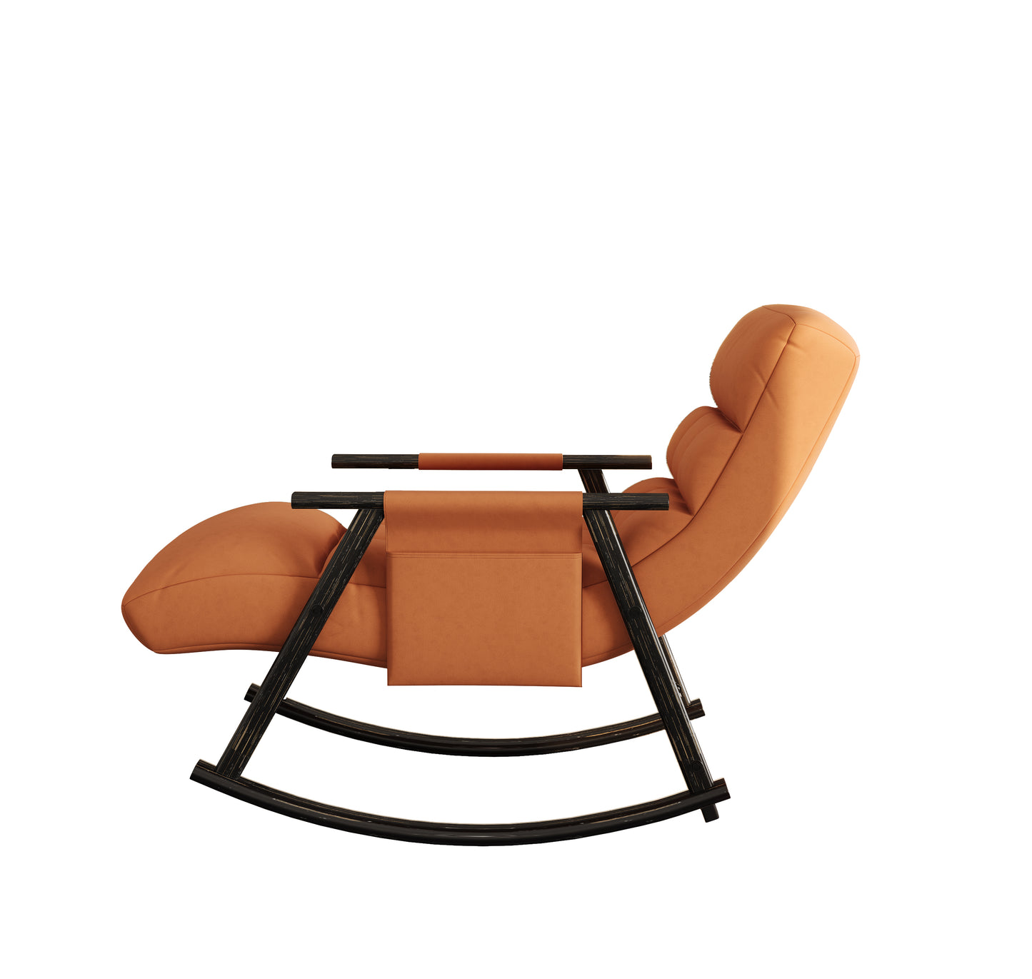 Modern orange leather rocking chair with black wood frame and side pocket