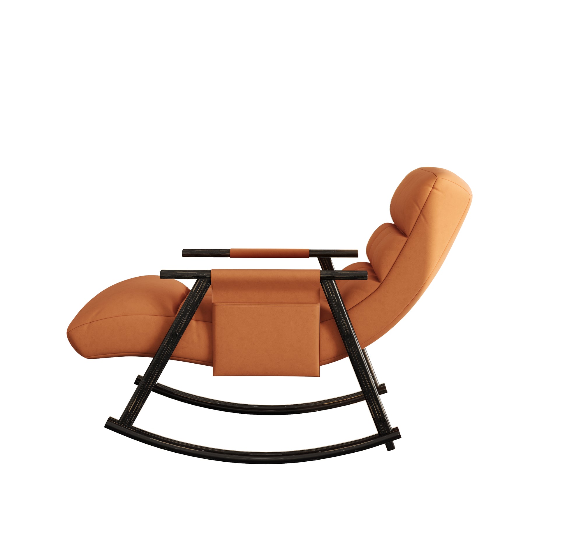 Modern orange leather rocking chair with black wood frame and side pocket