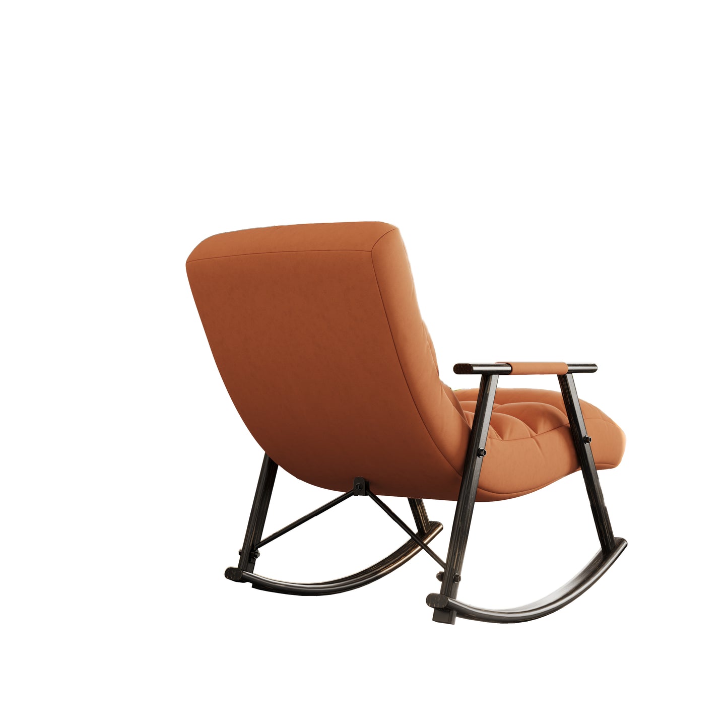 Tan suede upholstery rocking chair with dark wood legs and metal frame