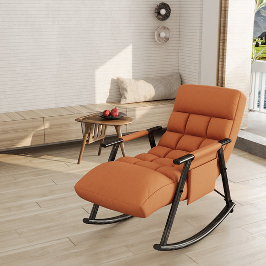 Orange upholstered rocking chair with plush cushions and wooden arms