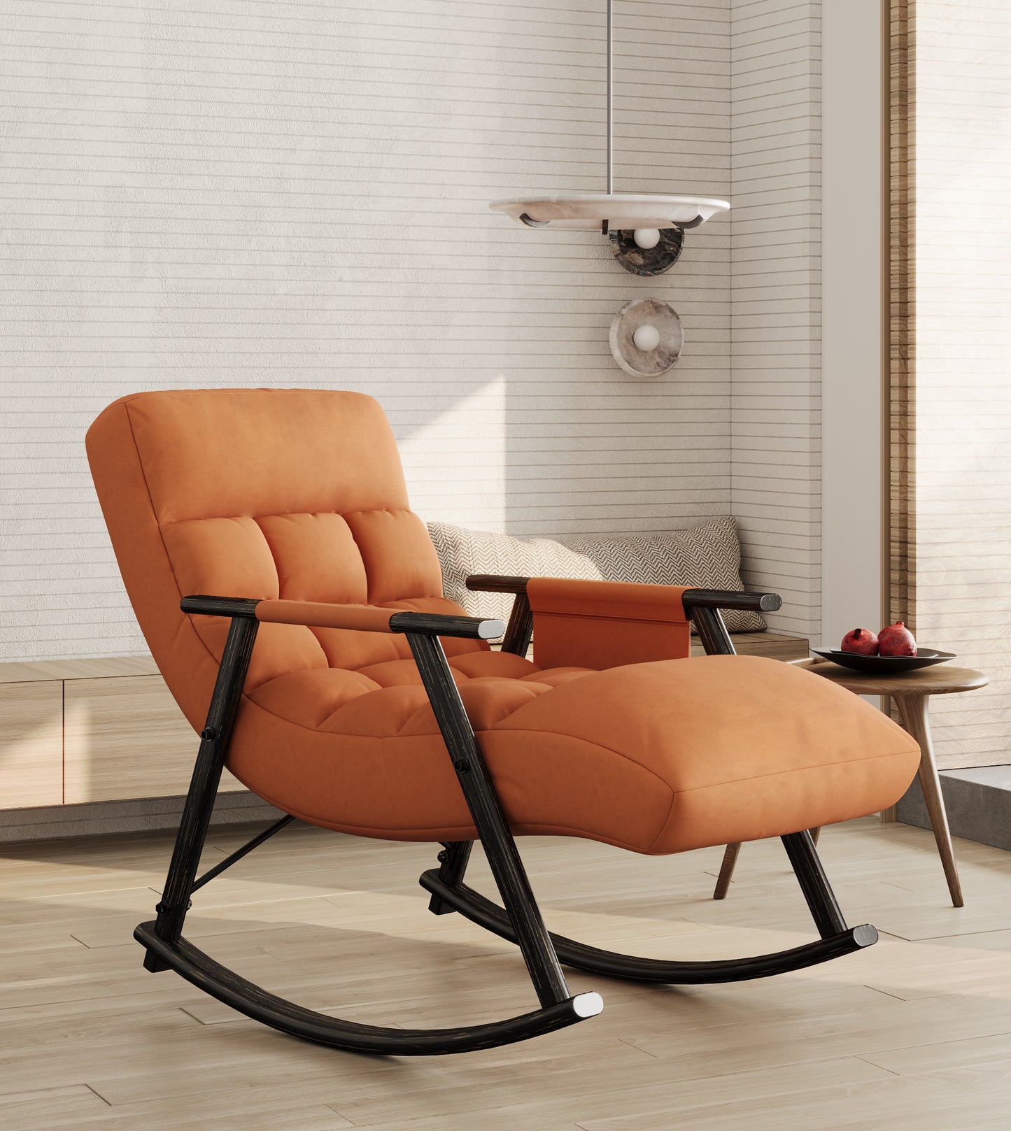 Orange upholstered accent rocking chair with tufted seat and dark metal frame
