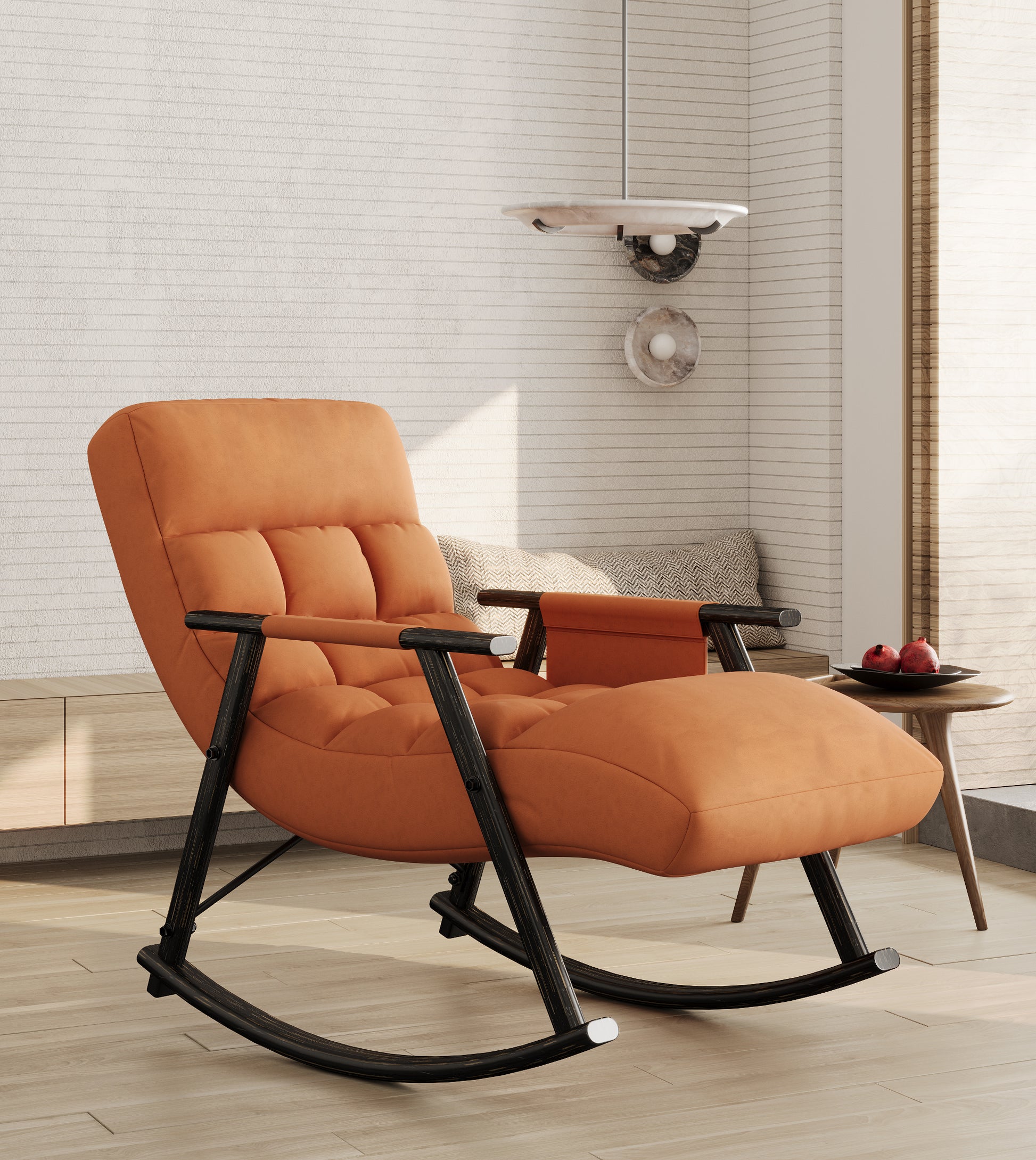 Orange upholstered accent rocking chair with tufted seat and dark metal frame
