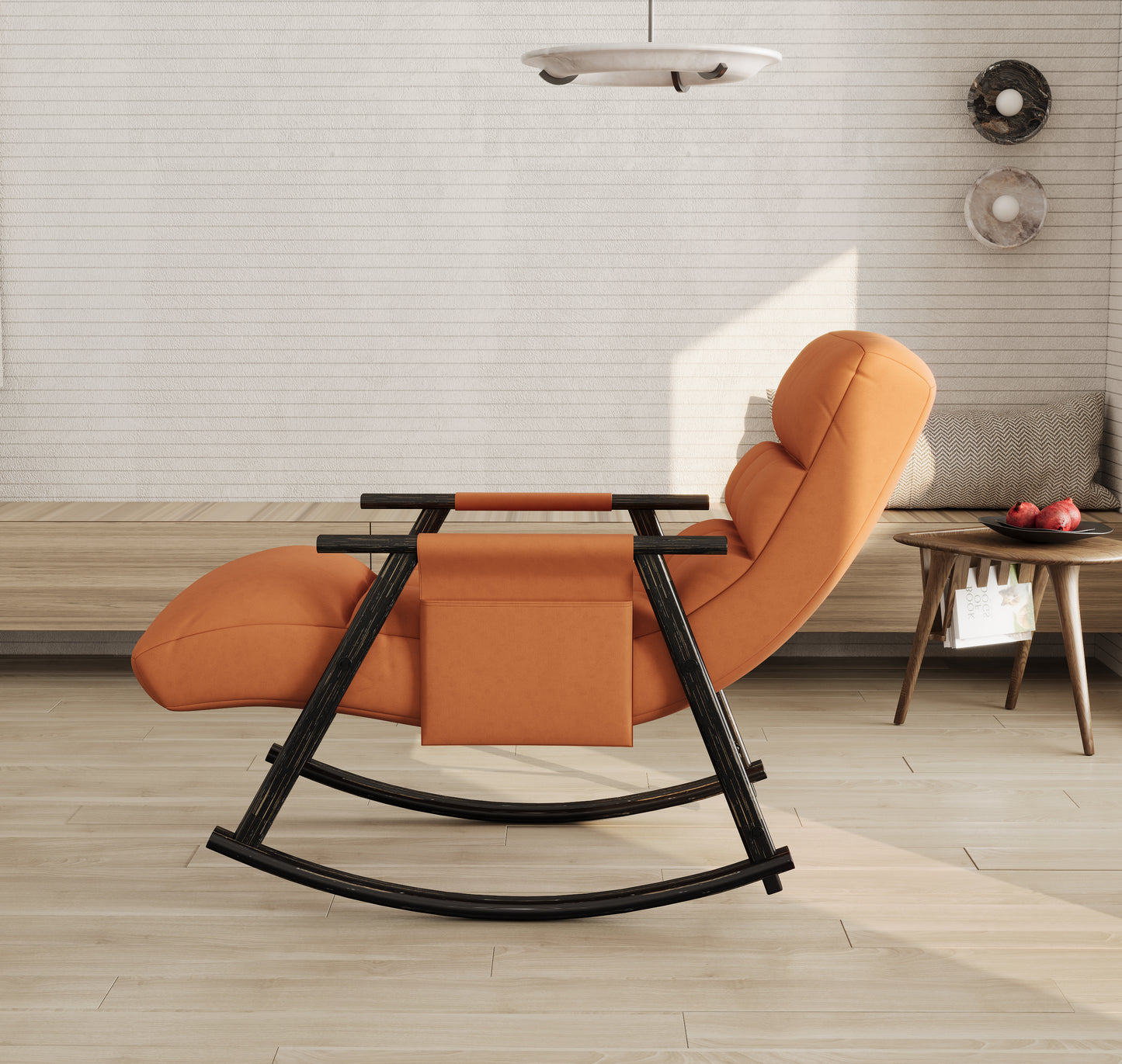 Orange upholstered rocking chair with black wooden frame and attached storage pocket