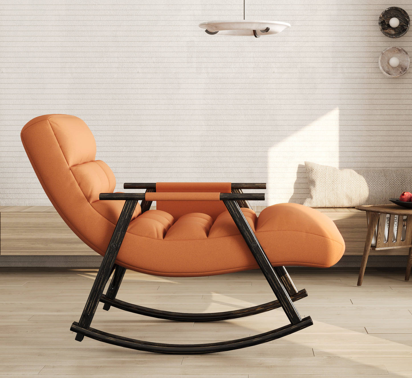 Plush orange rocking chair with dark wood accents and a rounded seat perfect for a living room