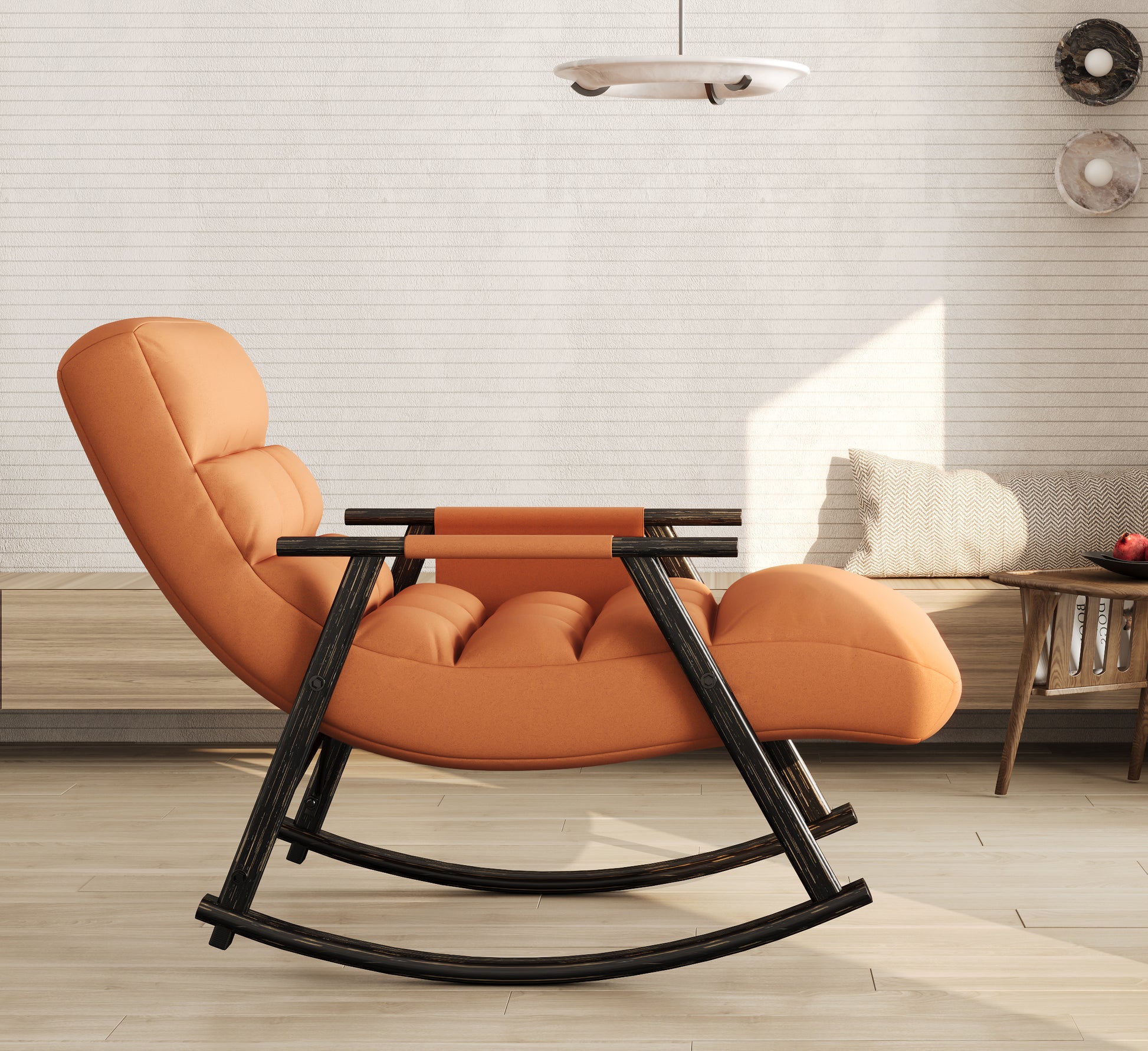 Plush orange rocking chair with dark wood accents and a rounded seat perfect for a living room