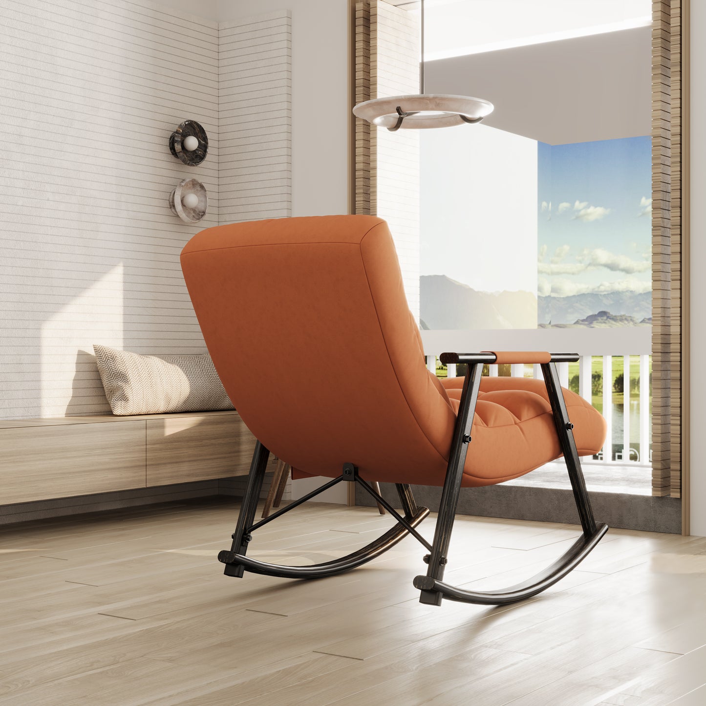 Plush orange fabric rocking chair with dark metal frame perfect for a cozy reading nook