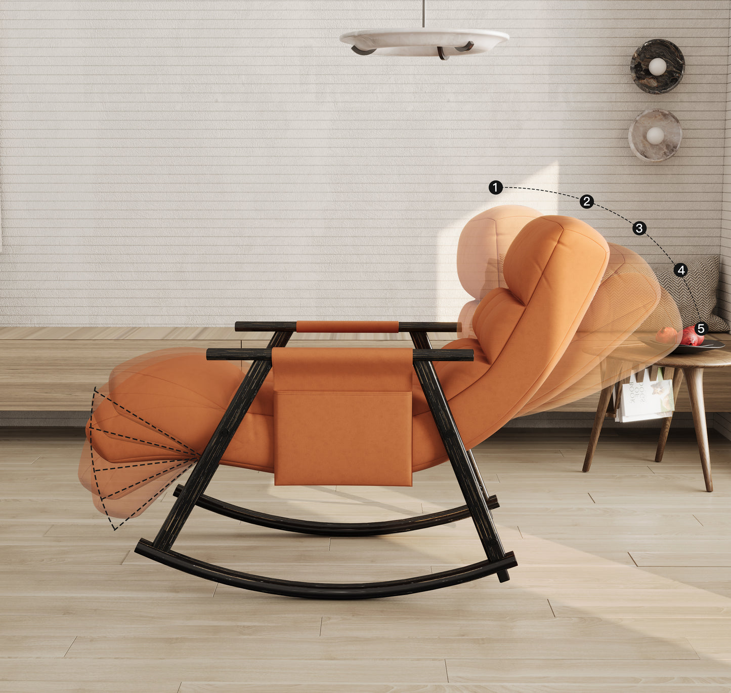 Orange upholstered rocking chair with black wooden frame and adjustable reclining positions
