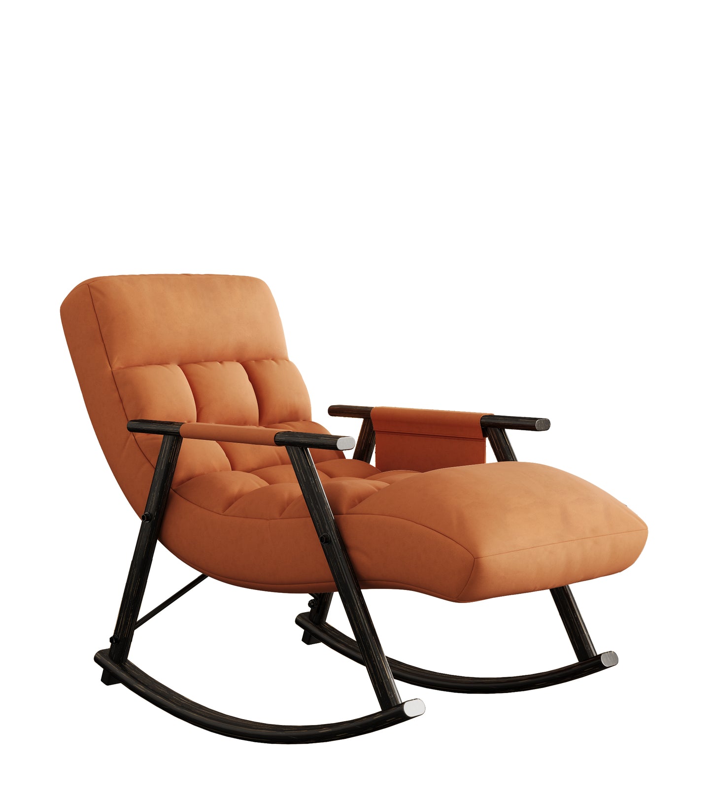 Orange tufted fabric rocking chair with black wood frame and armrests