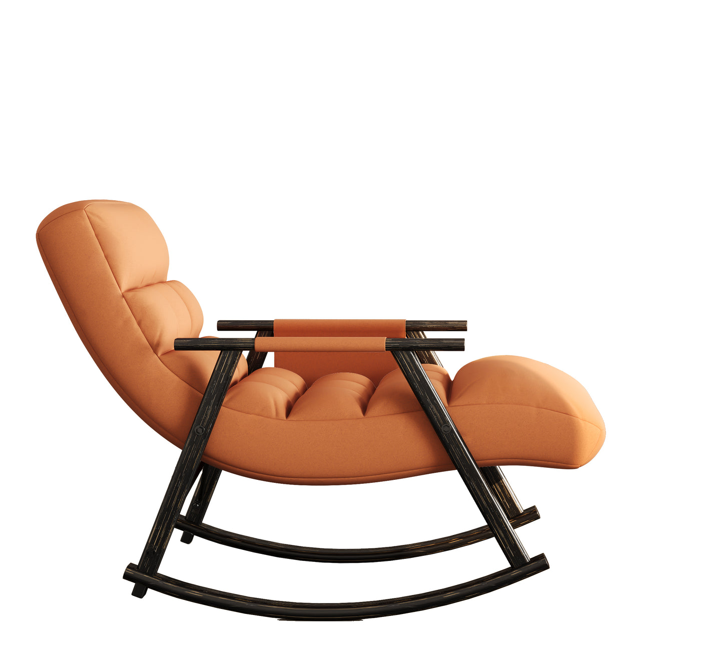 Orange fabric upholstered rocking chair with dark wooden frame and tufted cushioning