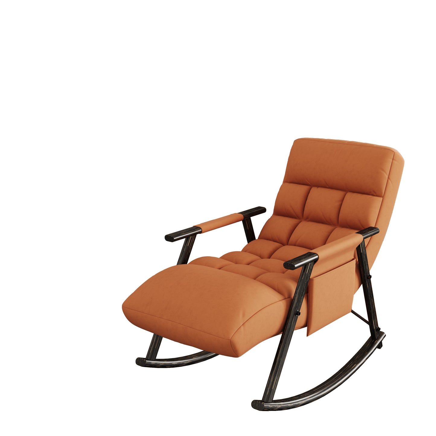 Orange tufted chaise lounge with black wood accents and rocking base