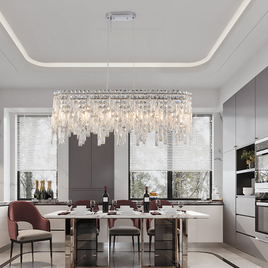 Rectangular crystal chandelier with chrome finish and cascading glass prisms