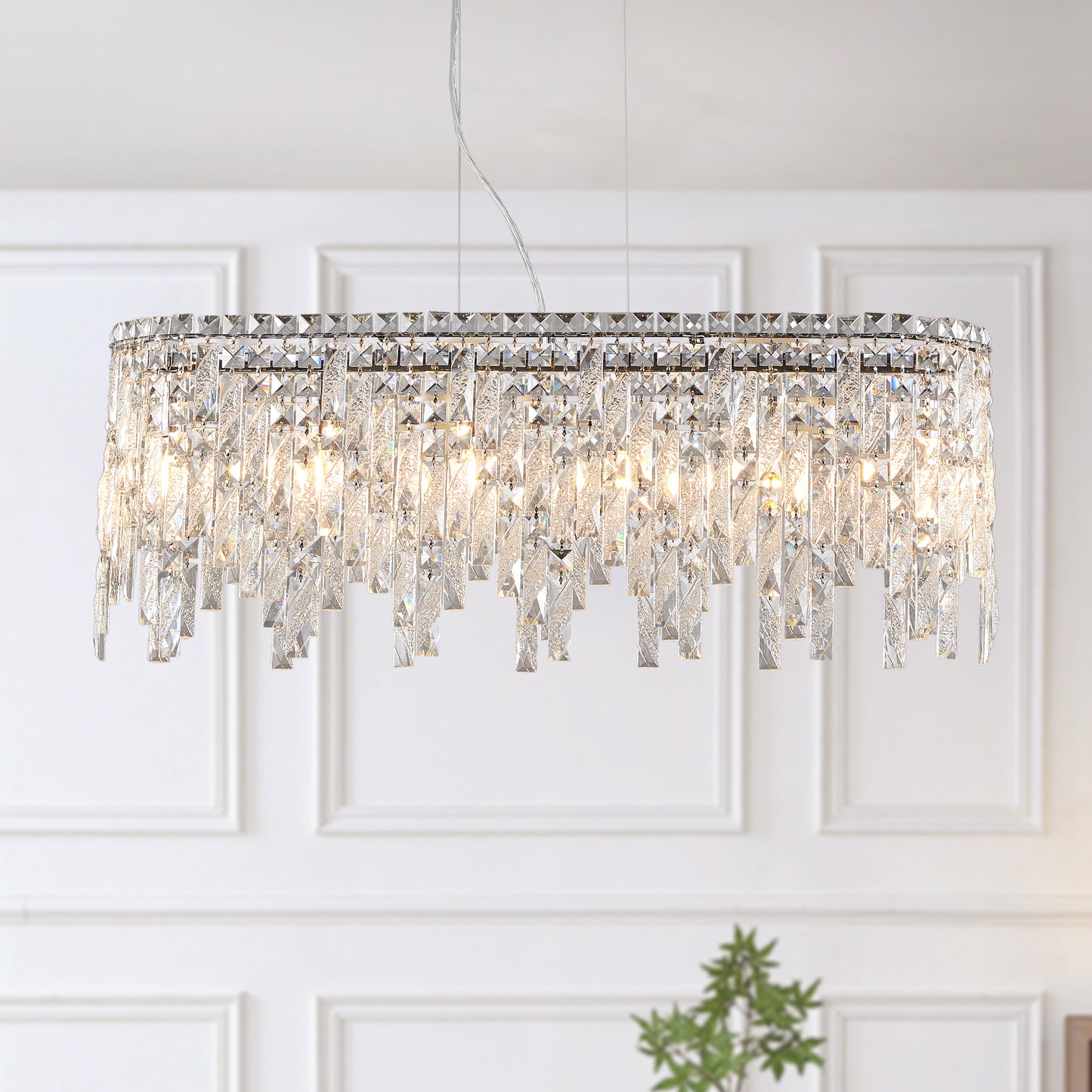 Oval crystal chandelier with cascading modern design chrome finish