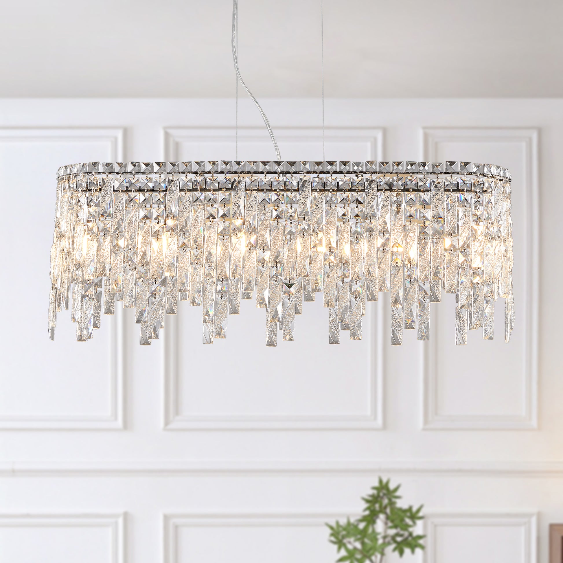 Oval crystal chandelier with cascading modern design chrome finish