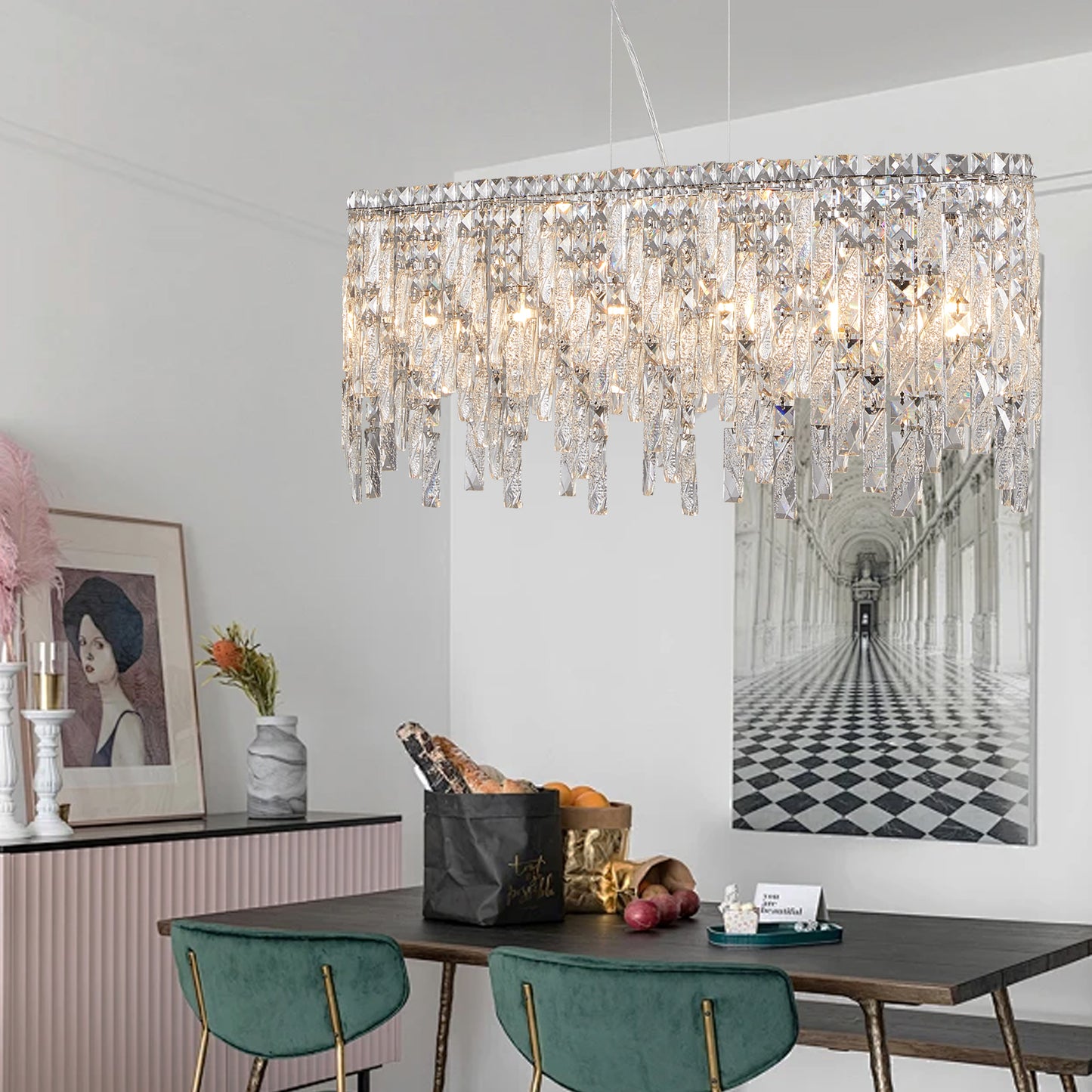 Rectangular crystal chandelier with chrome finish and cascading crystal droplets