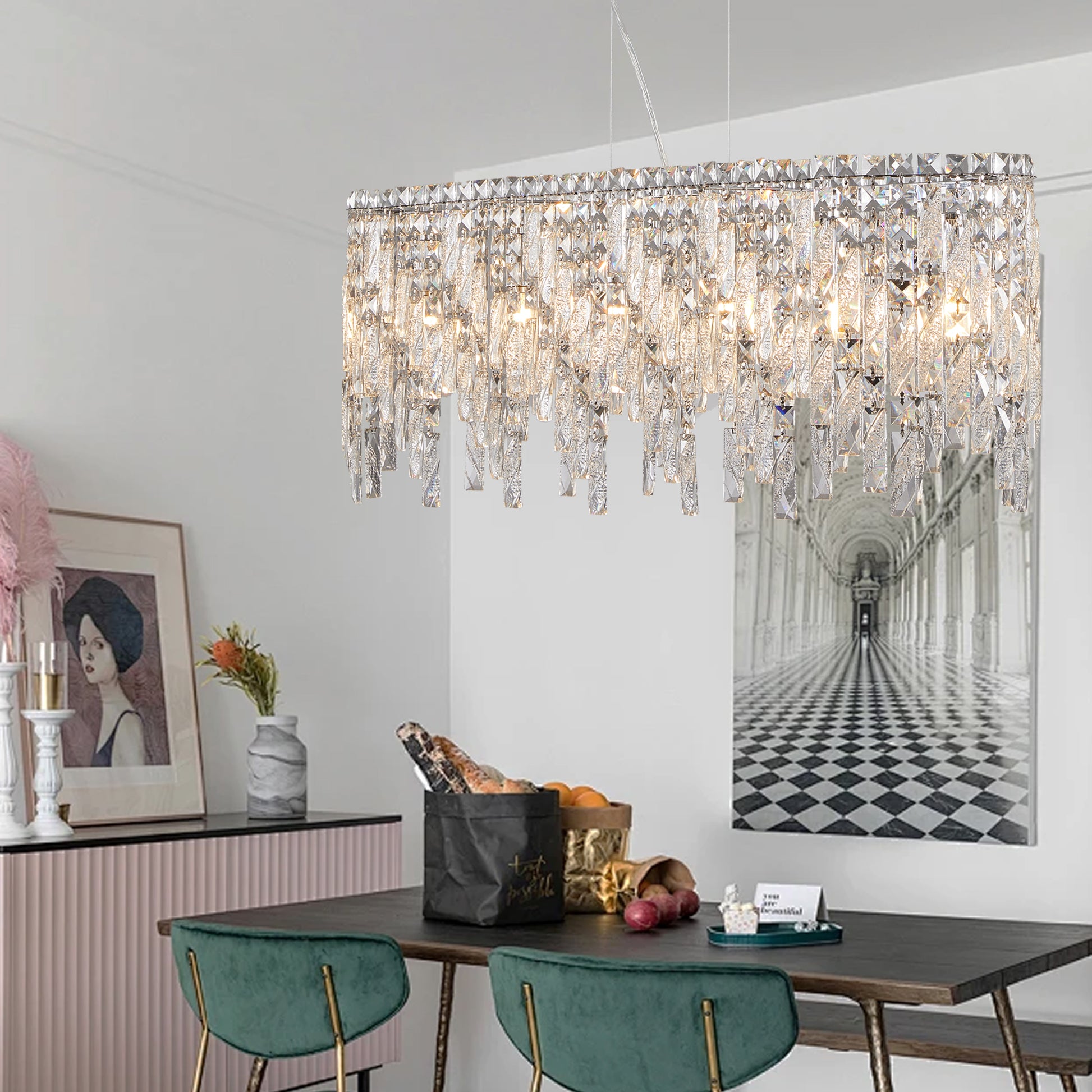 Rectangular crystal chandelier with chrome finish and cascading crystal droplets