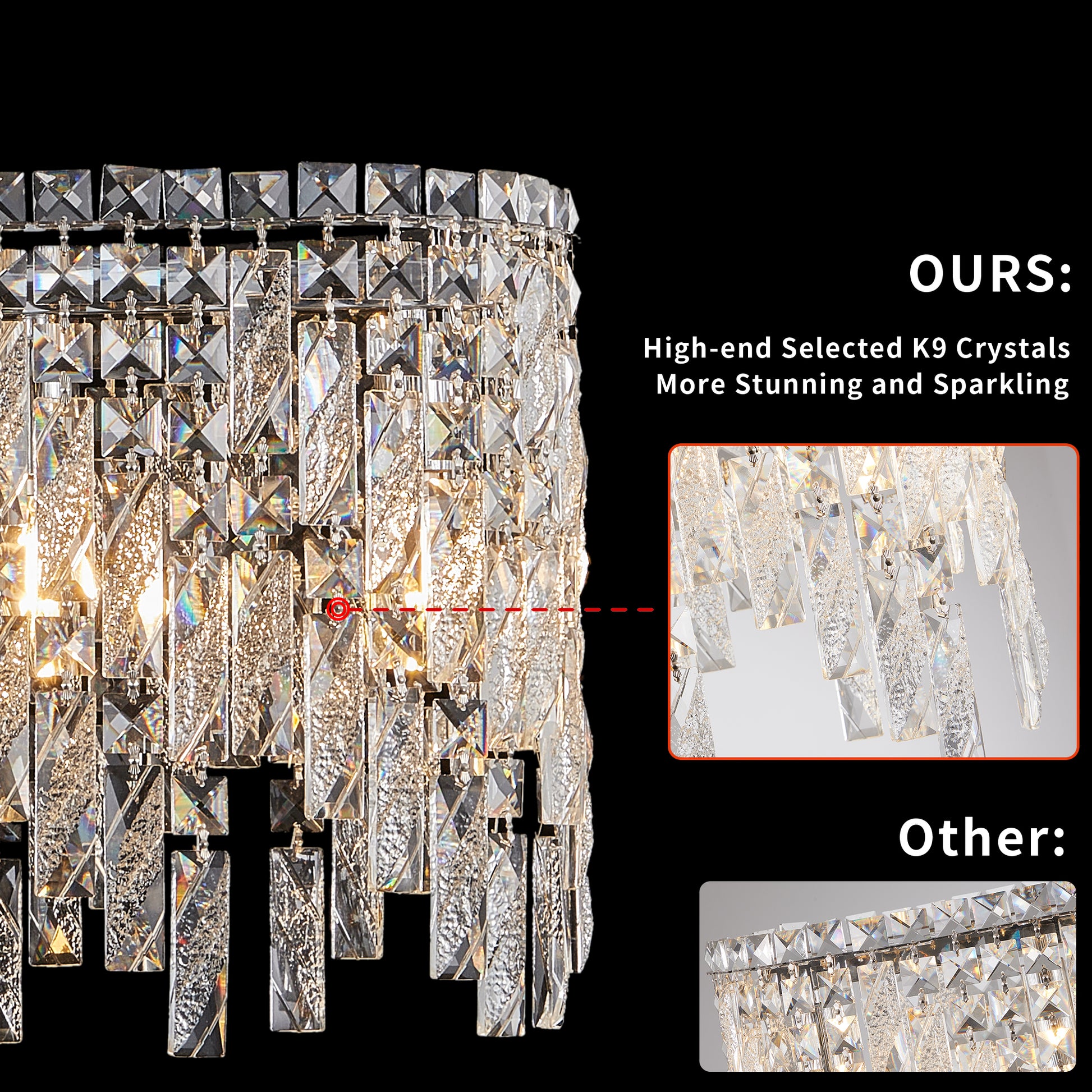 Closeup of a sparkling K crystal chandelier showcasing intricate facets and silver hardware