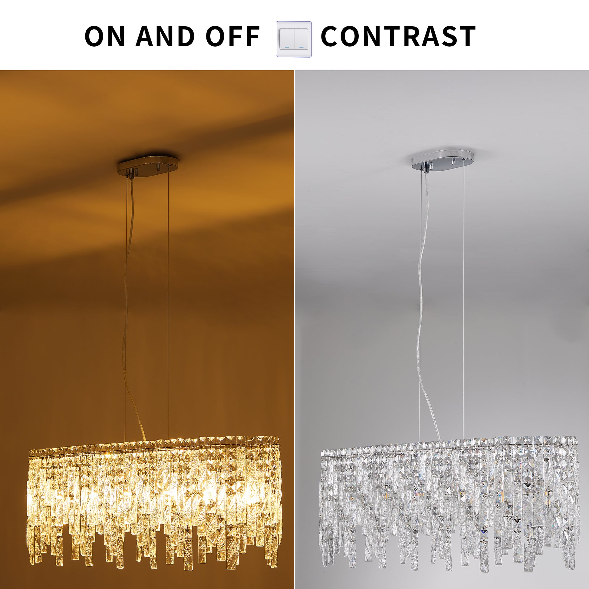 Rectangular crystal chandelier with chrome finish and cascading glass pendants
