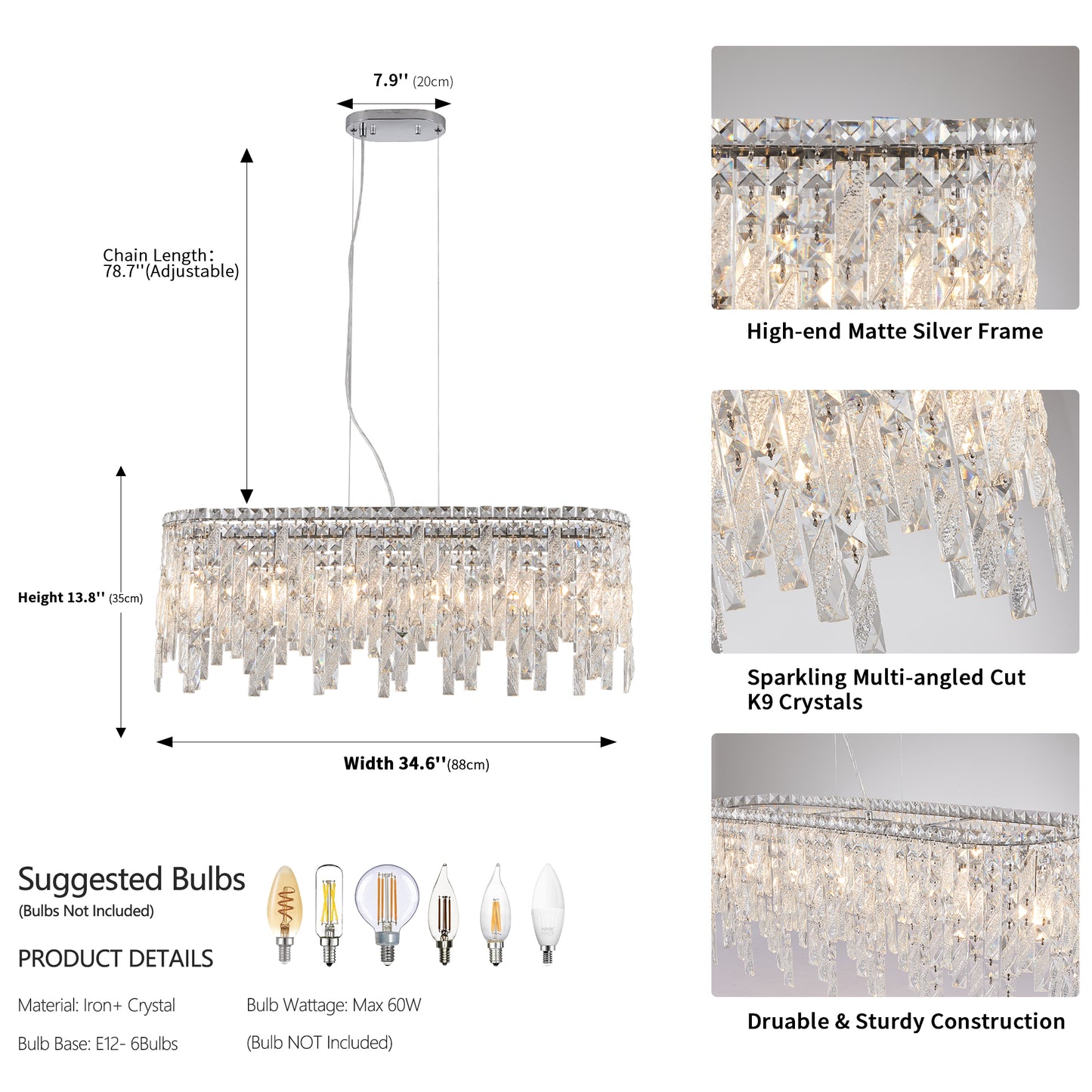 Rectangular crystal chandelier with a matte silver frame and cascading jewellike pendants