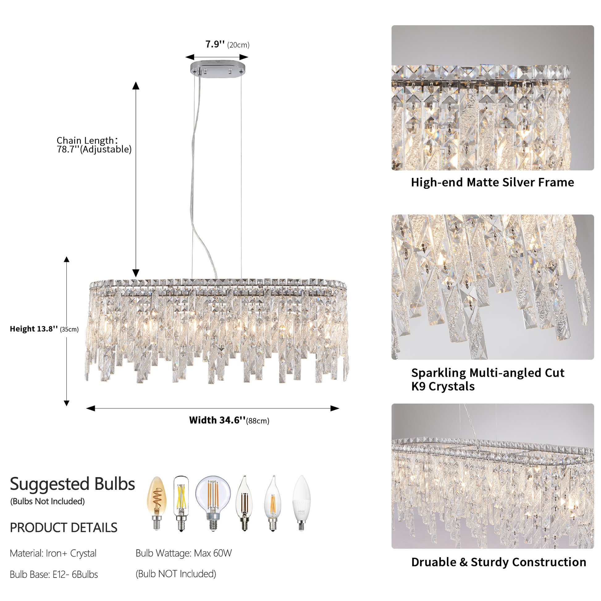 Rectangular crystal chandelier with a matte silver frame and cascading jewellike pendants