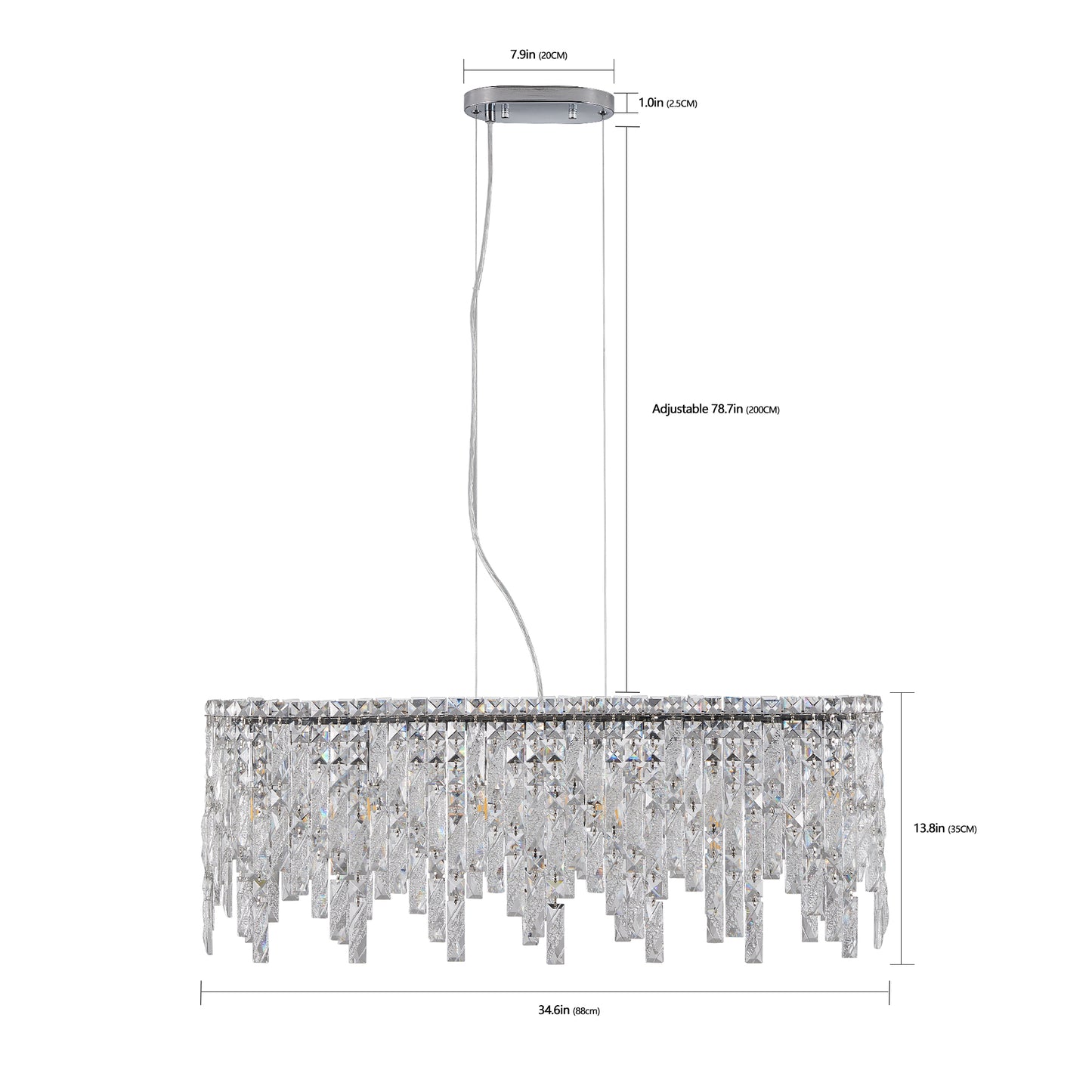 Rectangular crystal pendant light with silver hardware cascading faceted prisms