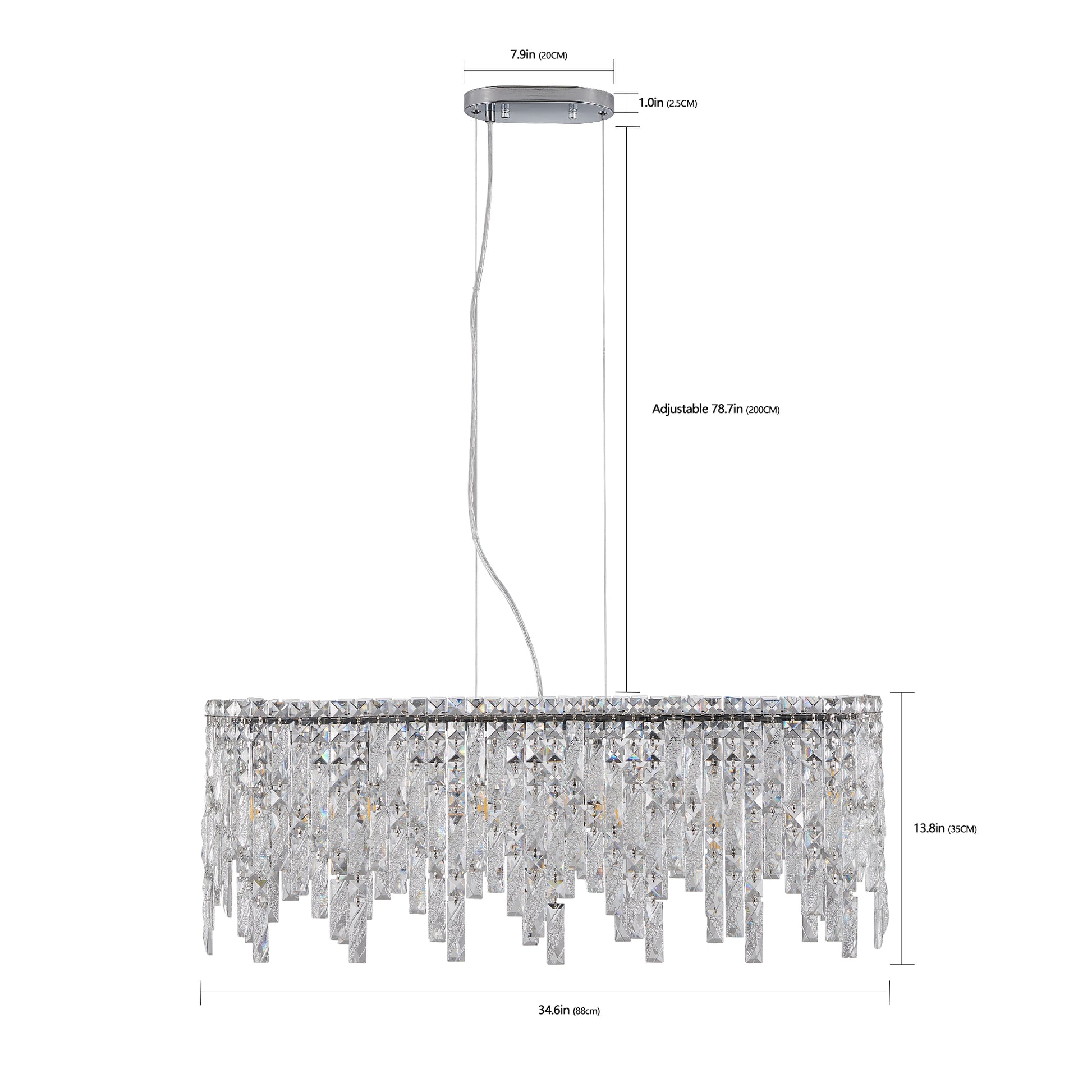 Rectangular crystal pendant light with silver hardware cascading faceted prisms