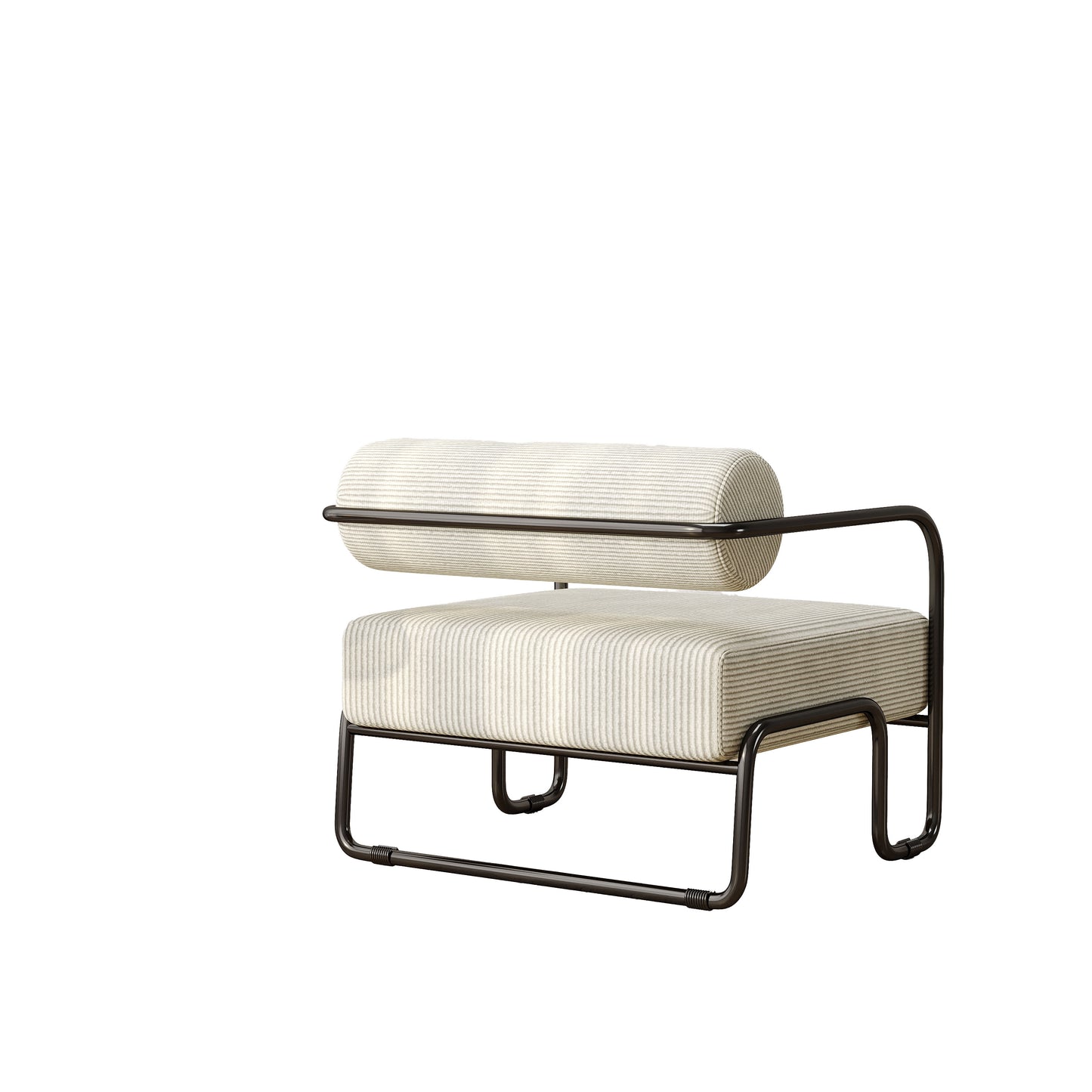 Striped beige armchair with dark metal frame perfect for modern living rooms