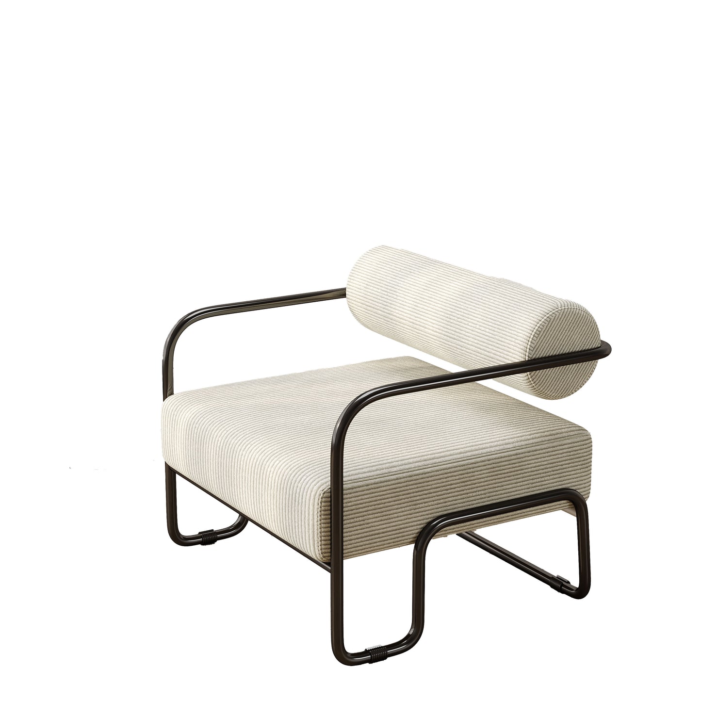 Modern armchair with beige pinstripe upholstery and dark metal frame