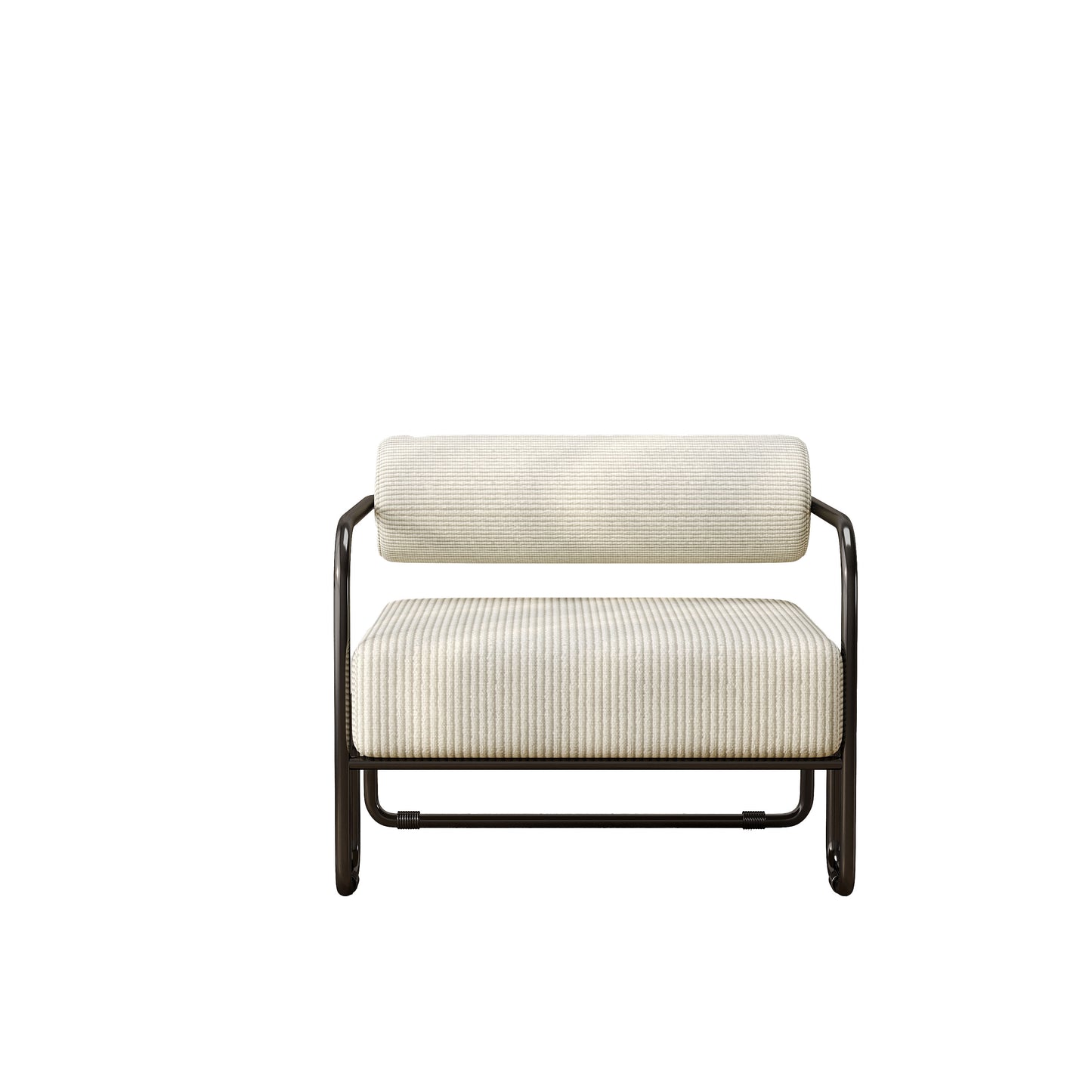 Modern armchair with cream corduroy upholstery and a sleek black metal frame