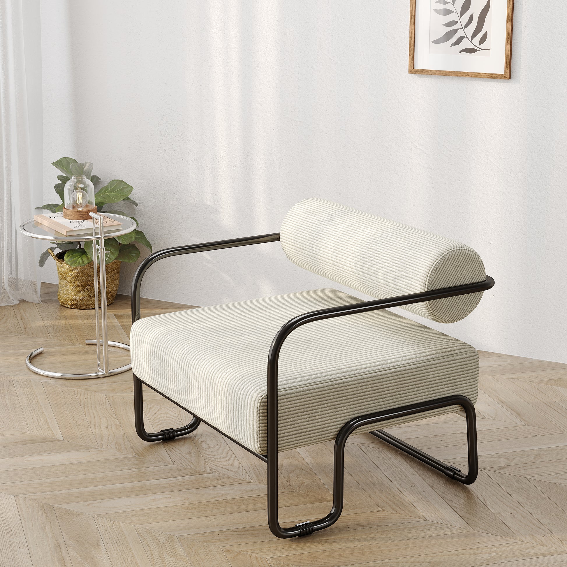 Modern armchair with cream and gray striped upholstery and black metal frame