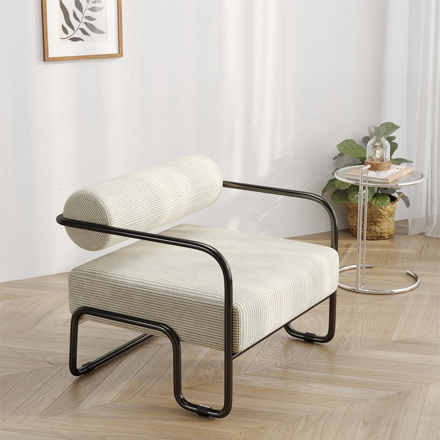 Modern armchair with striped fabric upholstery and black metal frame perfect for living room accent seating