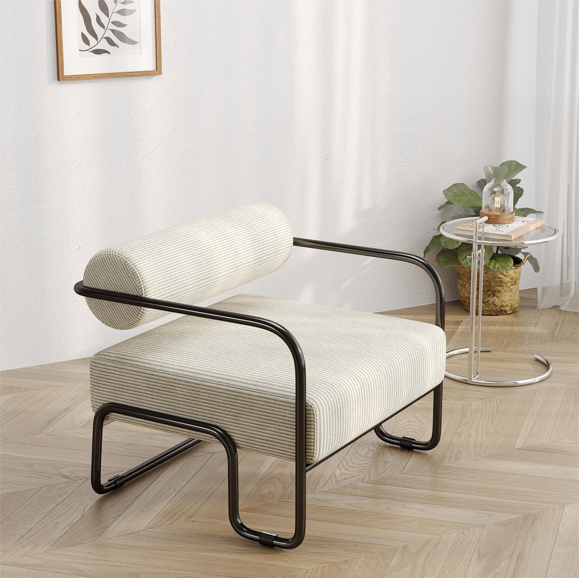 Modern armchair with striped fabric upholstery and black metal frame perfect for living room accent seating