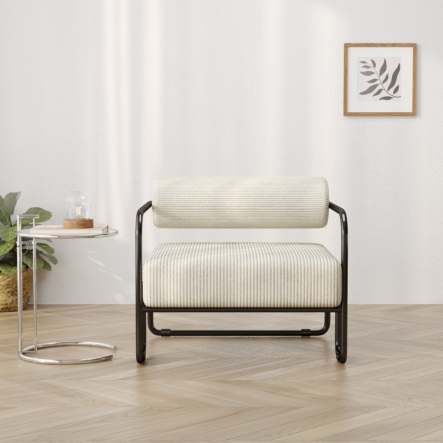 Modern lounge chair with textured cream upholstery and a sleek black metal frame