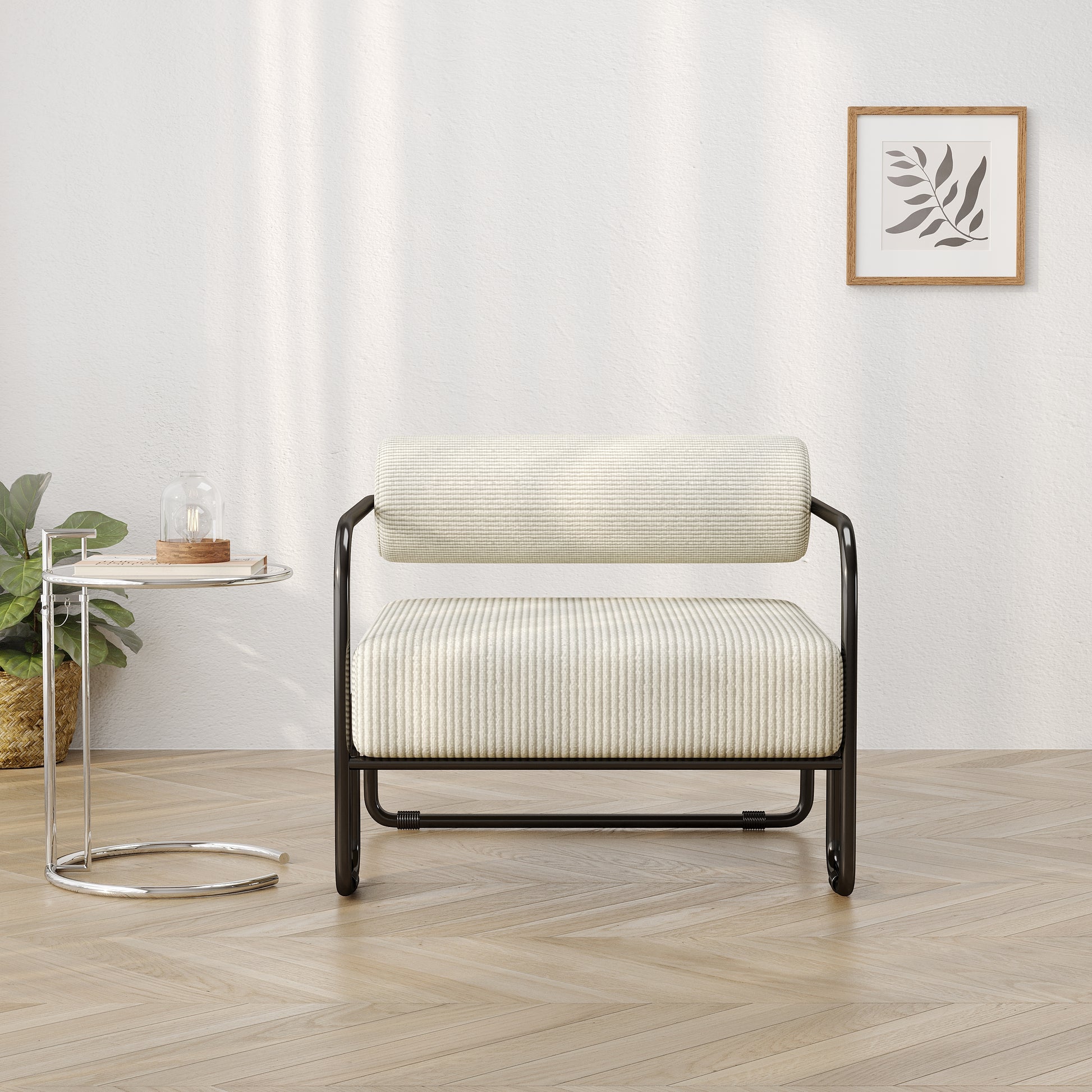 Modern lounge chair with textured cream upholstery and a sleek black metal frame