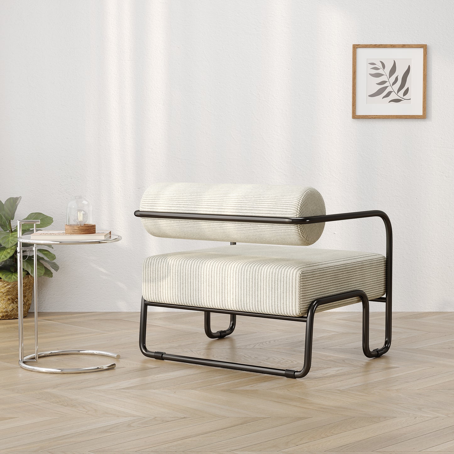Modern accent chair with black metal frame and striped fabric upholstery