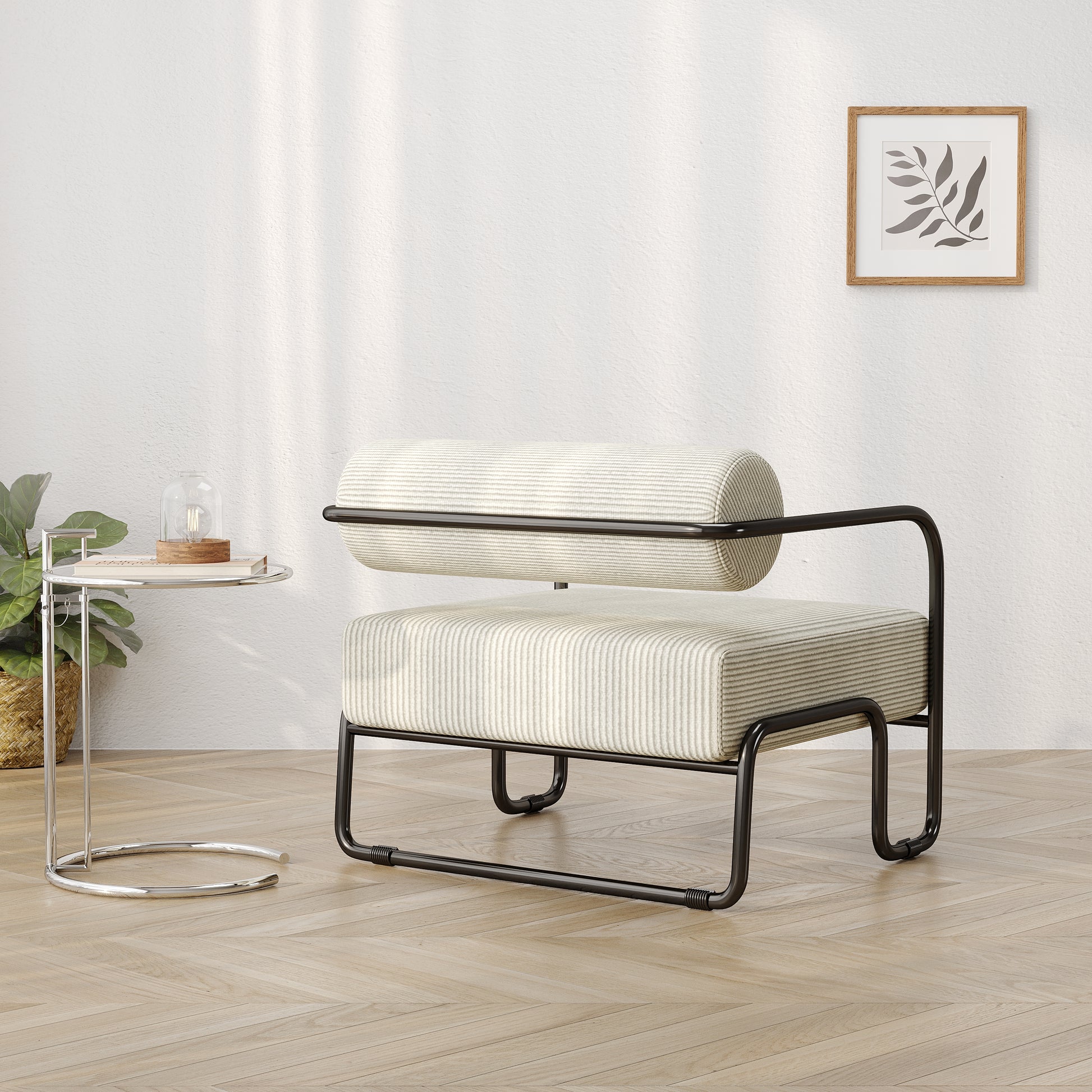 Modern accent chair with black metal frame and striped fabric upholstery