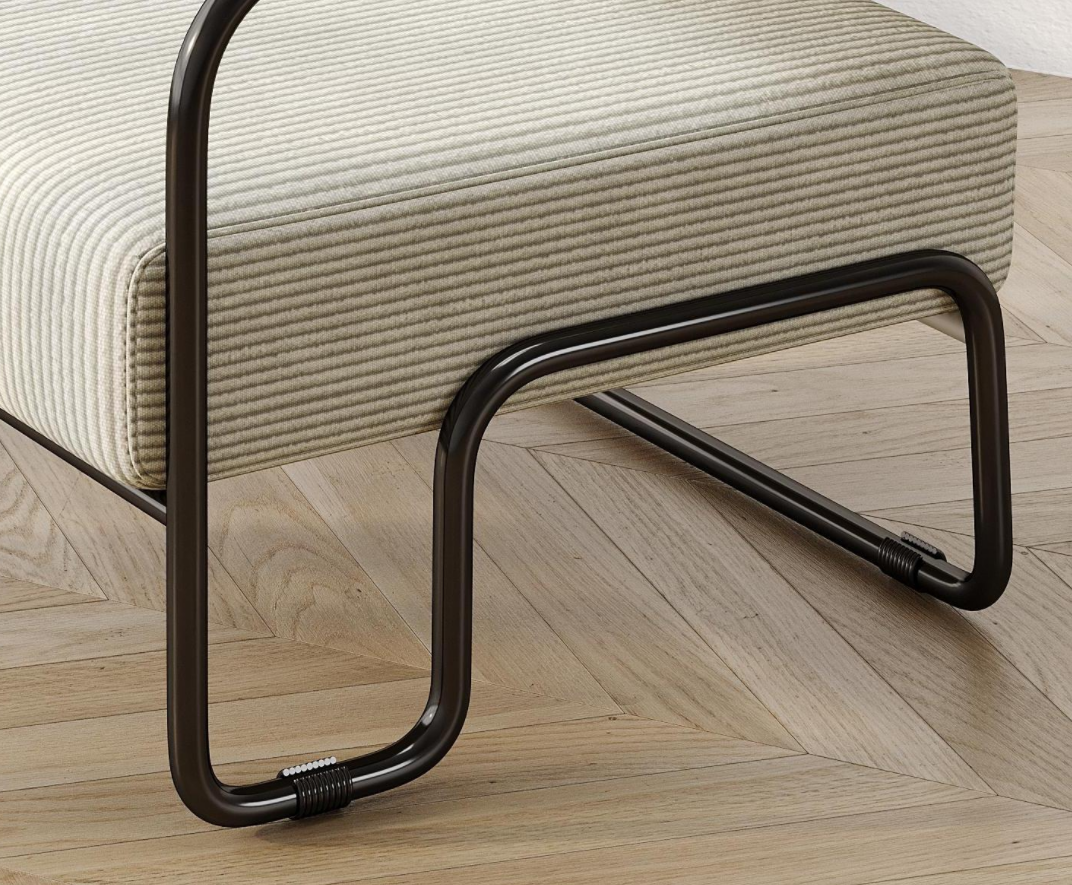 Upholstered ottoman with beige corduroy fabric and dark metal frame