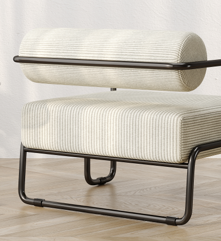 Modern accent chair with striped fabric upholstery and black metal frame
