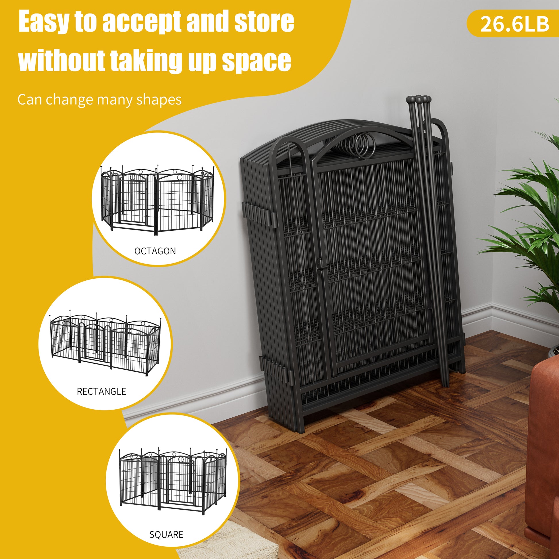 Black metal dog playpen foldable and expandable shown in octagon configuration