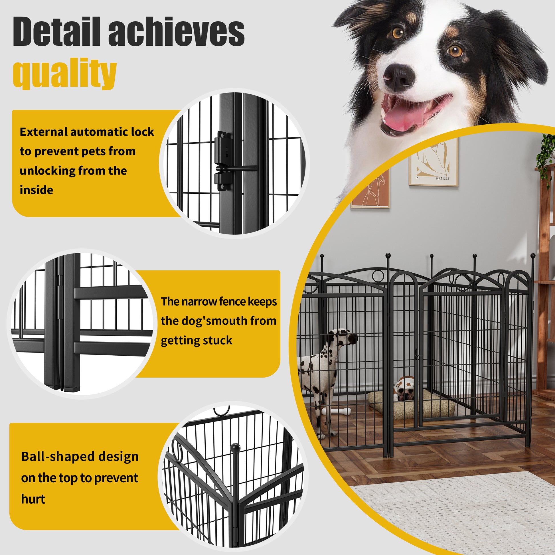 Black metal pet playpen with secure latch for safety and durability